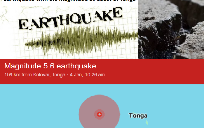 Undersea Earthquake slackened up Coast of Tonga with 5.6 mag without damage