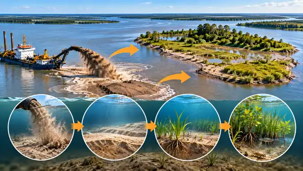 Dredged Sediment Help Create 35 Hectares Island in Louisiana river